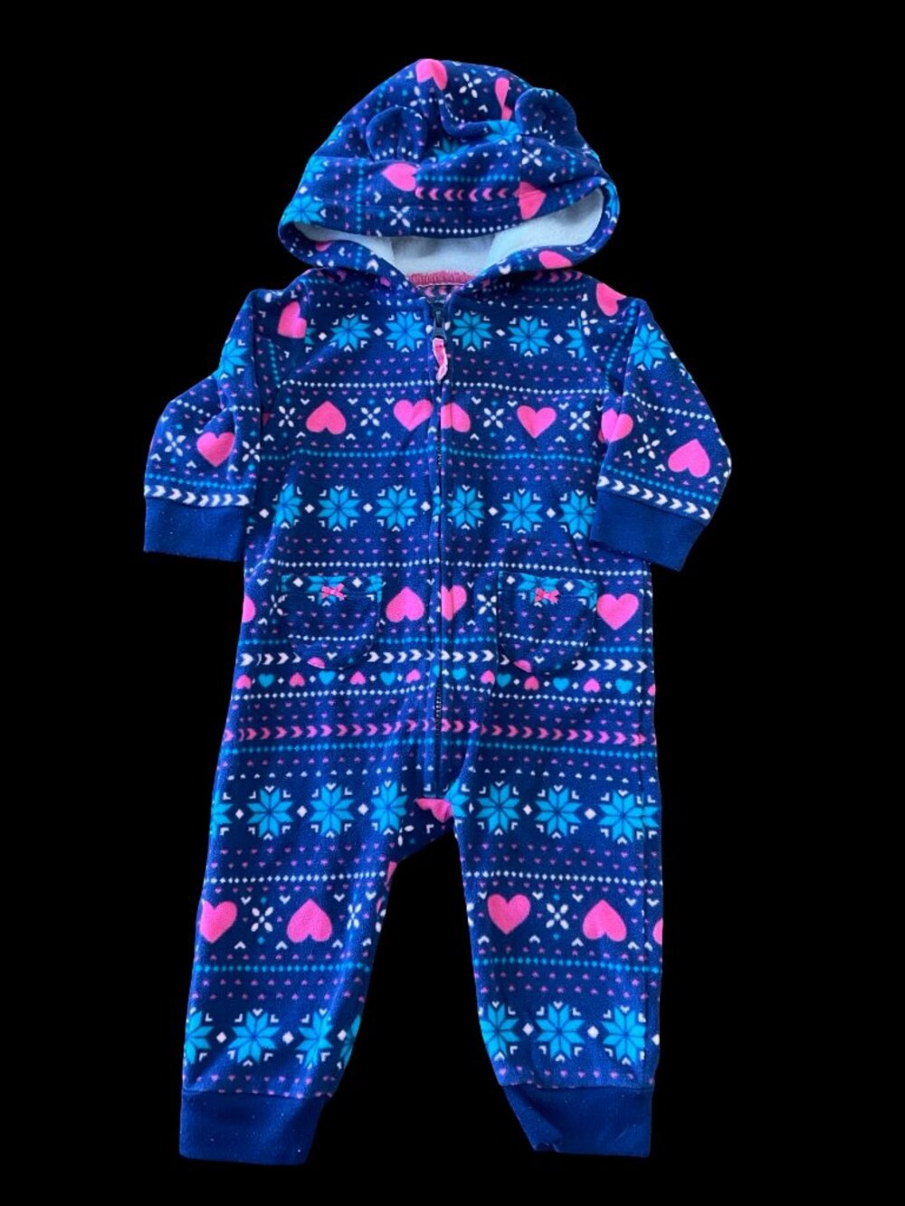 👣 5/$25 - Navy/Turquoise/Pink Print Hooded Jumpsuit